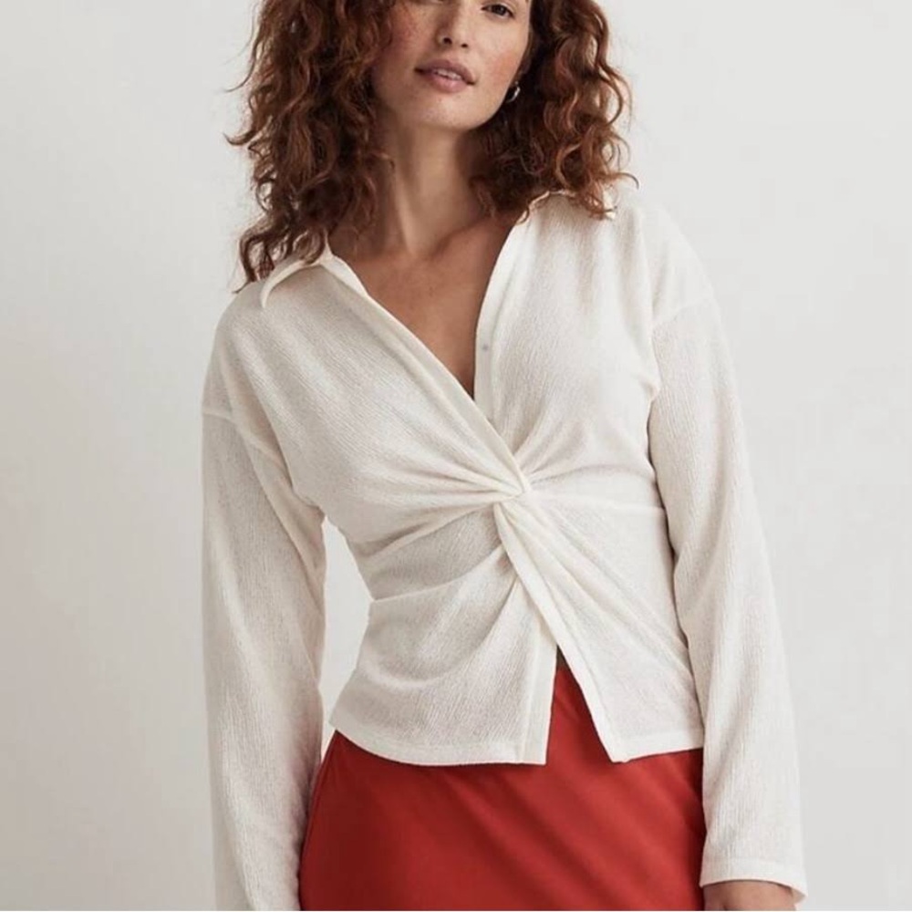 Madewell Twist-Front Long-Sleeve Top in lighthouse cream